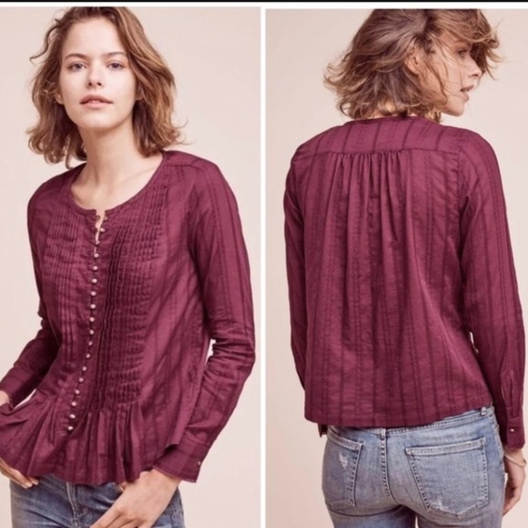 Anthropologie Tops - Maeve Gelise Button Pleated Pintuck Maroon Blouse
